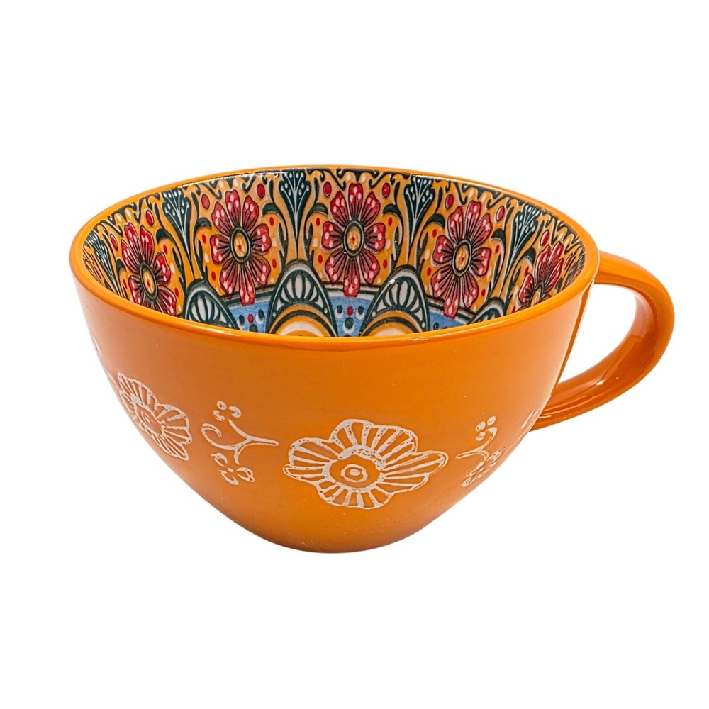 Orange Boho Mandala Ceramic Soup Mug Oversized Coffee Cup Floral Interior L4